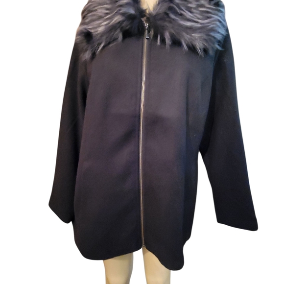 Susan Graver Black Trench  Jacket Coat with Faux Fur Wool Winter Large - Picture 3 of 5